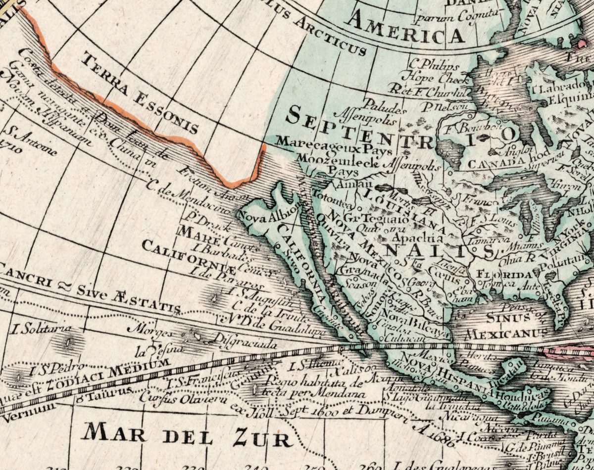 California as an island, with Nova Albion and P. Drack at its northern tip and Terra Essonis above.