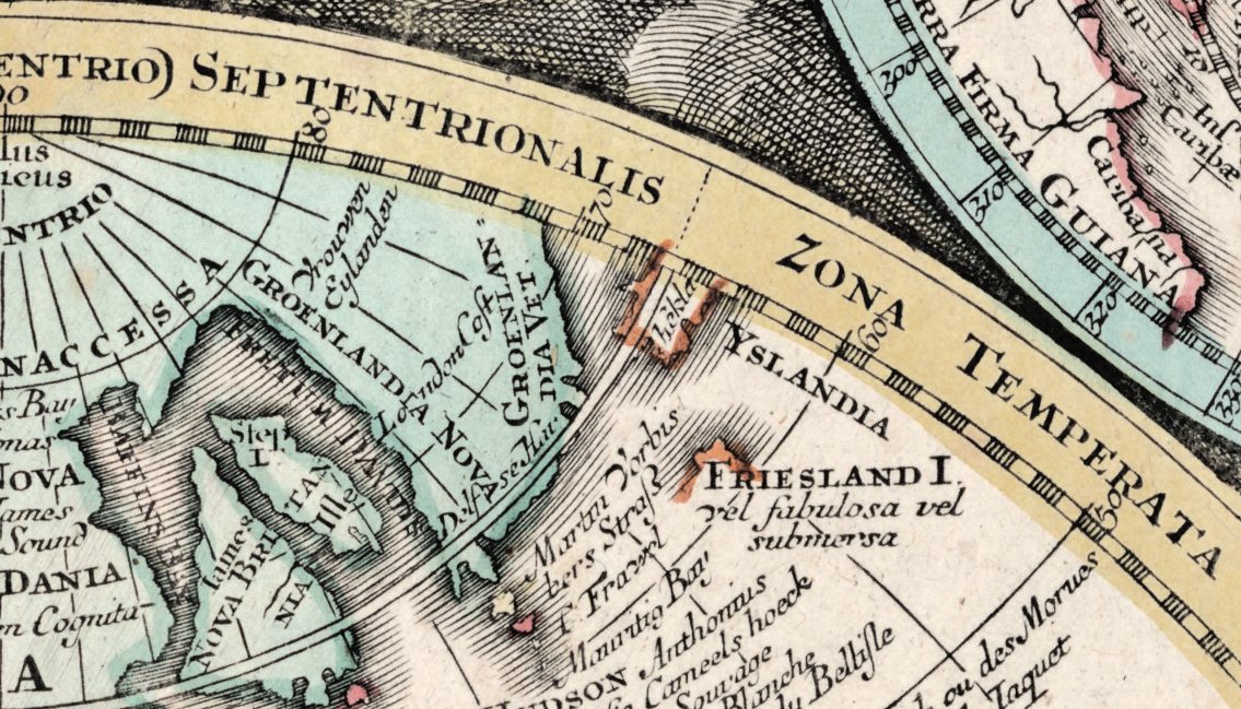 Friesland I. vel fabulosa vel submersa — “the island of Frisland, either fabulous or sunk” — south of Yslandia.