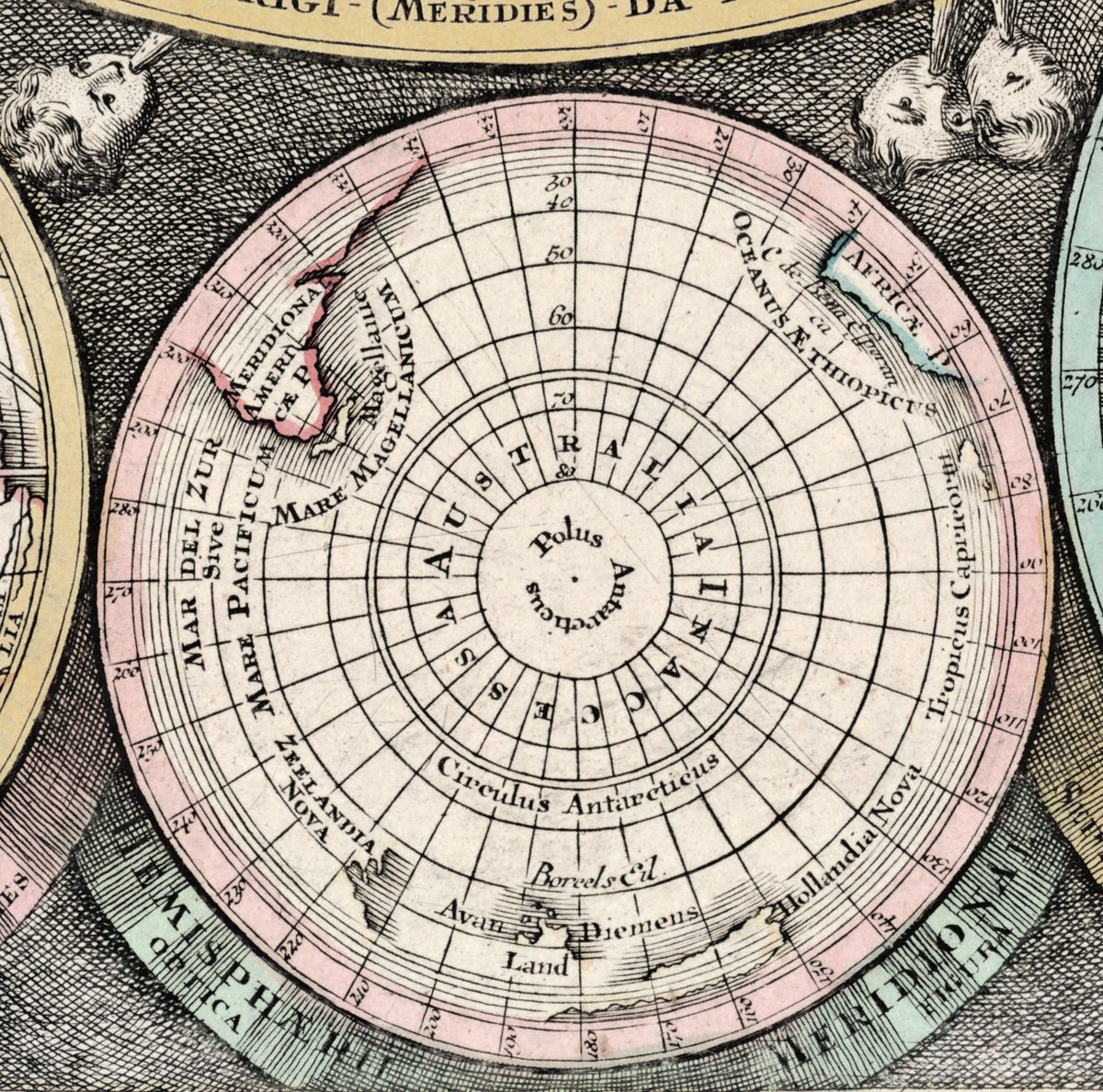 One of the small globes around the hemispheres: the far south seen from the pole, with Zeelandia Nova, Hollandia Nova and van Diemen's Land on its rim.