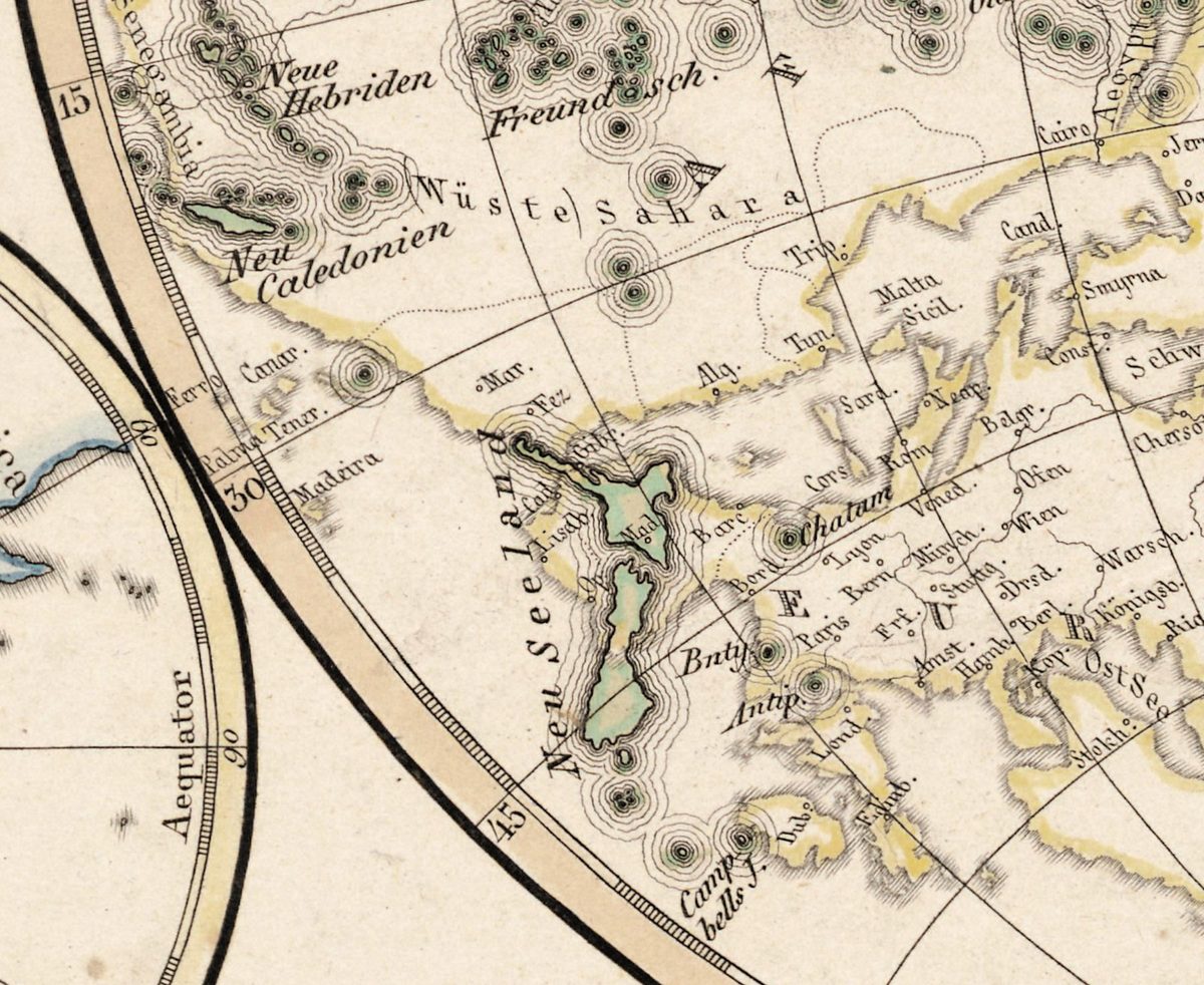 New Zealand over Spain and Portugal; the Antipodes Islands next to London.