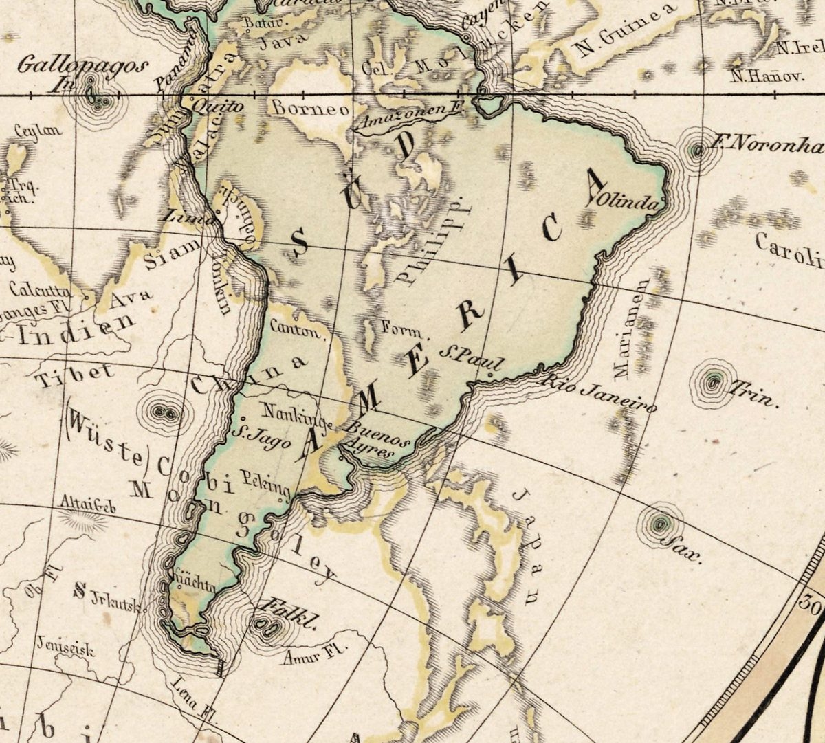 South America on top of China: Buenos Ayres beside Nanking, Santiago beside Peking.