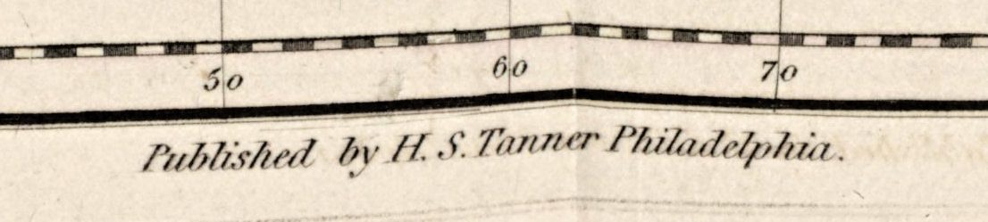 Onder de onderrand de uitgeversregel Published by H. S. Tanner Philadelphia. Daarboven draagt de rand de lengtegraden – hier 50, 60 en 70.