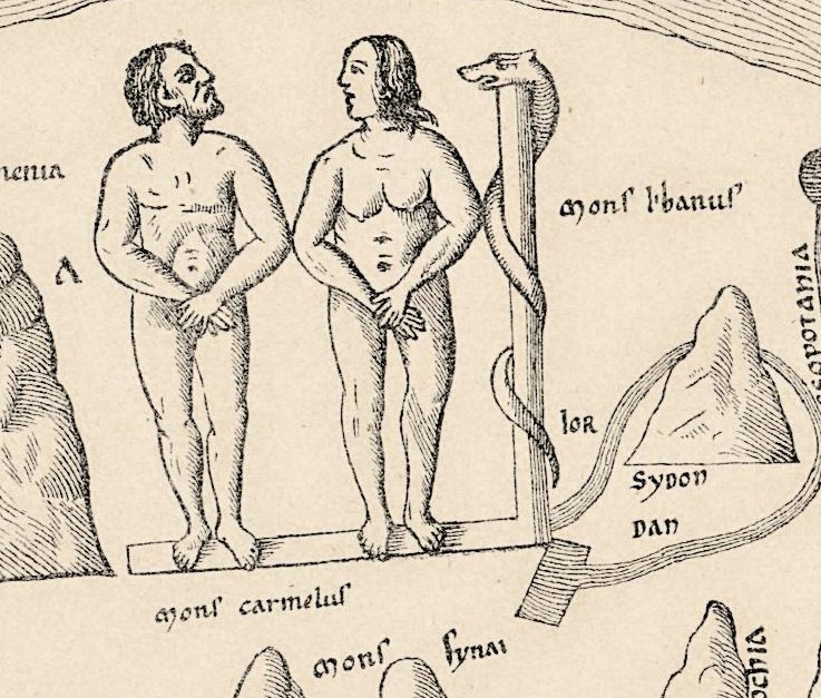 Adam and Eve at the top of the circle, standing on a narrow bar, with the serpent coiled round the post beside Eve; mons carmelus below them, SYDON and DAN to the right.