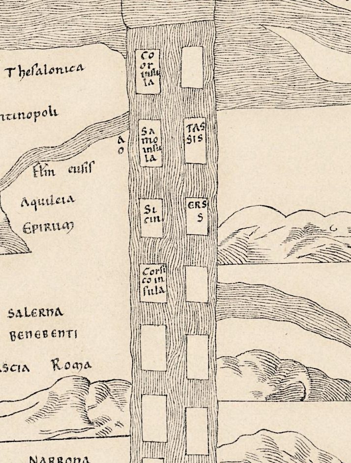 The Mediterranean as a straight band of island frames: Coor insula, Samo insula, Corsico insula and TASSIS among the named ones, others left empty.
