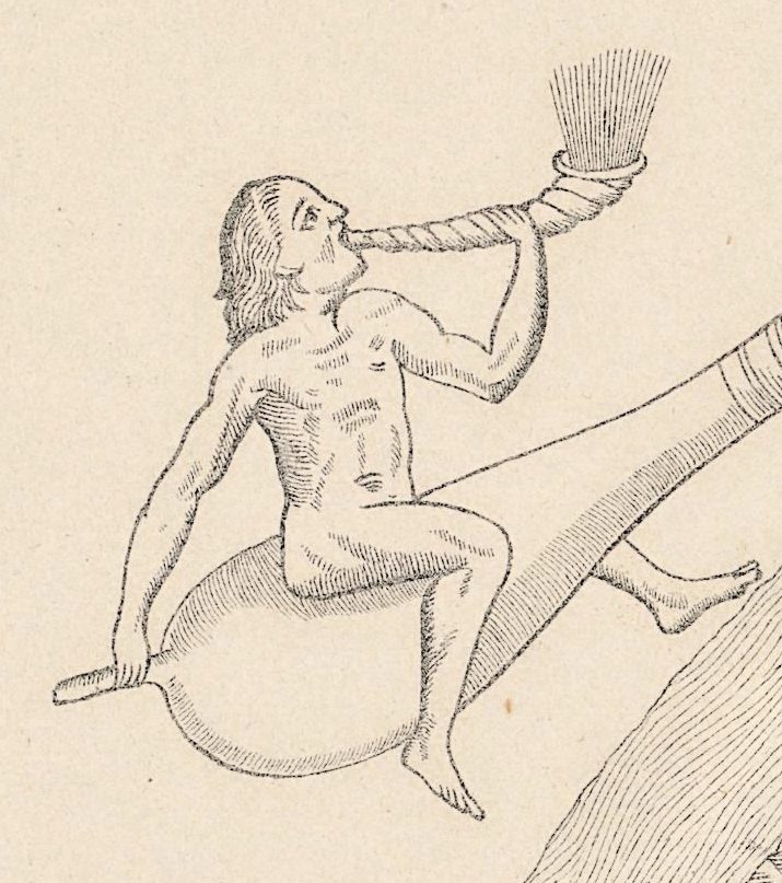 The wind figure at the upper left, astride a bag and blowing a twisted horn, with the long banded tube beside it.