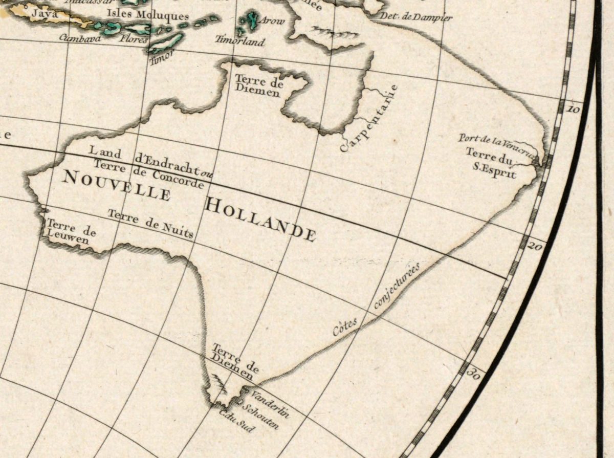 Australia on Vaugondy’s world map of 1752, with a line marked Côtes conjecturées