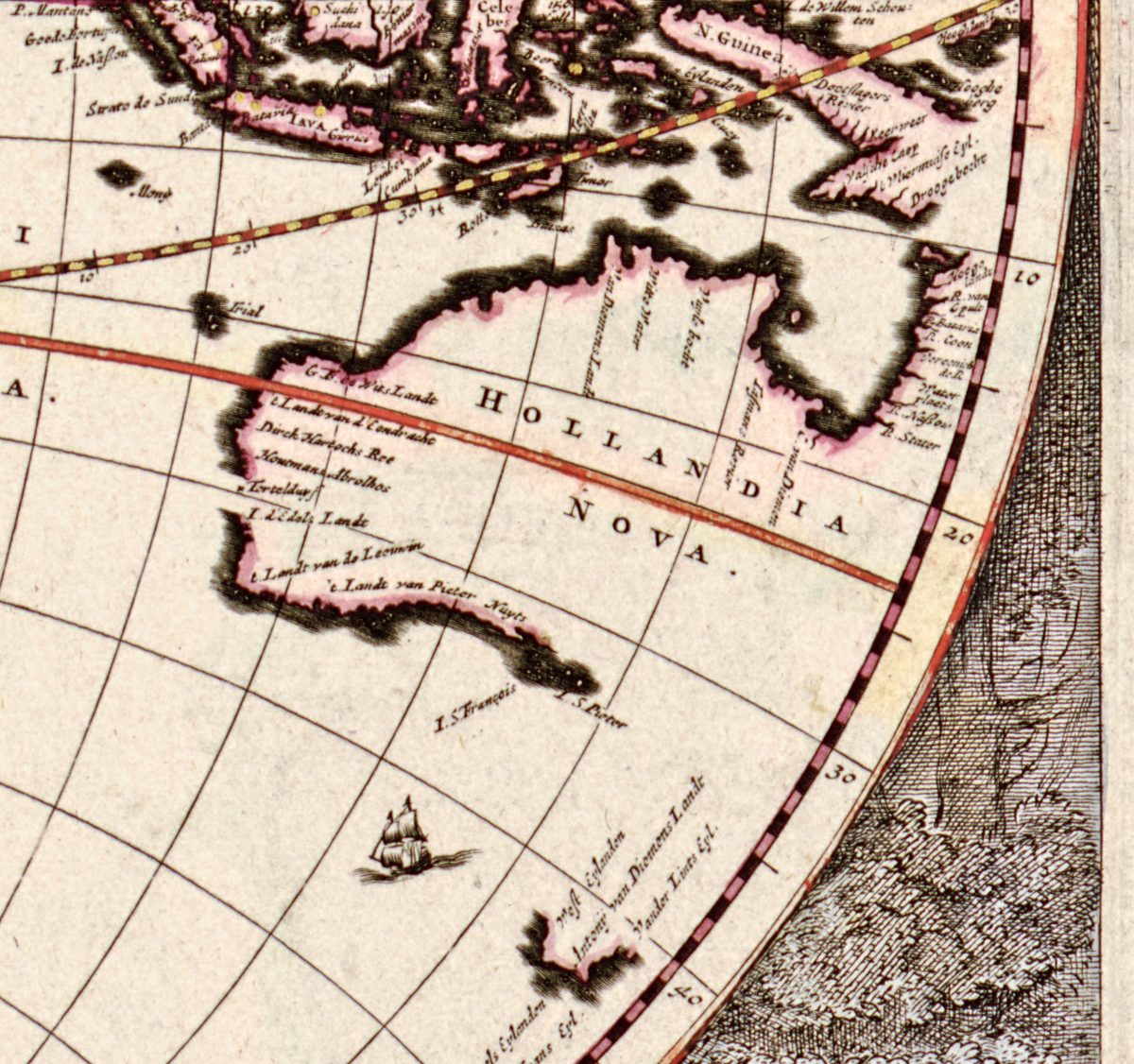 HOLLANDIA NOVA, the north, west and south coasts of Australia as charted by Dutch ships, with the south coast of Antonij van Diemens Landt below.