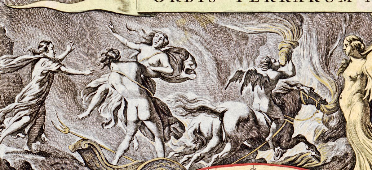 Upper left corner: Hades carries off Persephone amid flames, after a design by Nicolaes Berchem.