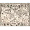 Antique world map of 1645 by Blaeu, two hemispheres ringed by the seasons and twelve national costumes