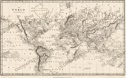 Antique world map of 1810 on Mercator's projection, Sherwood, Neely and Jones, restored archival scan