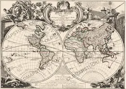 Antique world map of 1744 by Le Rouge, Mappe Monde Nouvelle, restored archival scan
