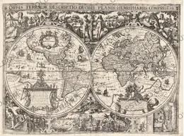 Antique world map of 1618 by Nicolaes Geylekerck, Orbis terrarum descriptio in two hemispheres, restored full sheet