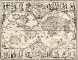 Antique world map of 1645 by Blaeu, two hemispheres ringed by the seasons and twelve national costumes