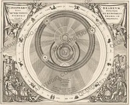Antique star chart 1708, Planisphaerium Braheum — the world system of Tycho Brahe, full sheet