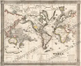 Antique World Map 1850 by David H. Burr — the world on Mercator's projection, full sheet with original hand colour