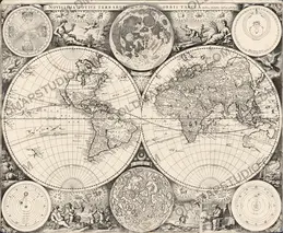 Antique world map by John Seller, London about 1675 — two hemispheres with California as an island