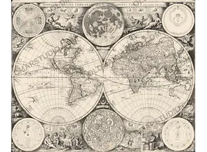 Antique world map by John Seller, London about 1675 — two hemispheres with California as an island