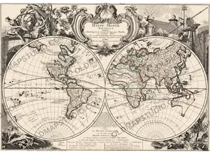 Antique world map of 1744 by Le Rouge, Mappe Monde Nouvelle, restored archival scan
