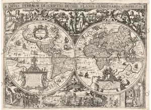 Antique world map of 1618 by Nicolaes Geylekerck, Orbis terrarum descriptio in two hemispheres, restored full sheet