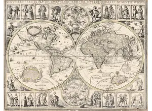 Antique world map of 1645 by Blaeu, two hemispheres ringed by the seasons and twelve national costumes