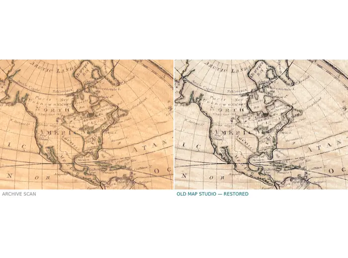 Antique World Map 1800 — Wallis, A New Map of the World — before and after restoration