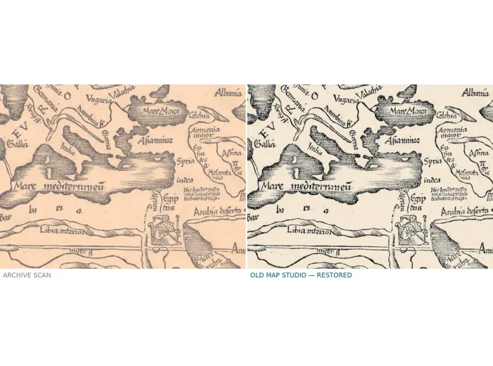 Stara mapa świata 1541 — Fries, Tabula Noua Totius Orbis — przed i po restauracji