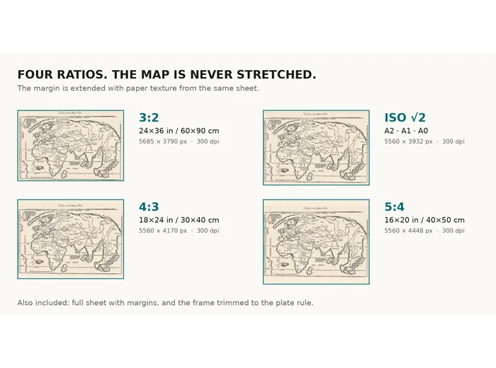 Stara mapa świata 1541 — Fries, Tabula Noua Totius Orbis — rozmiary druku w 300 dpi