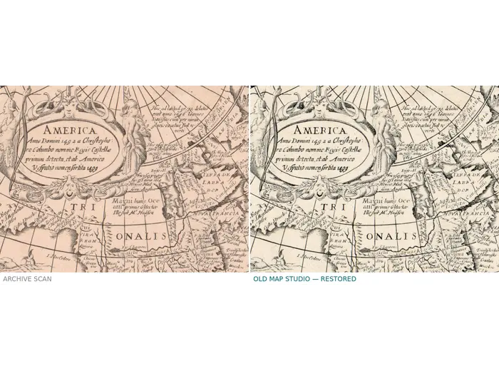 Library scan and restored sheet side by side — Hondius world map, 1655