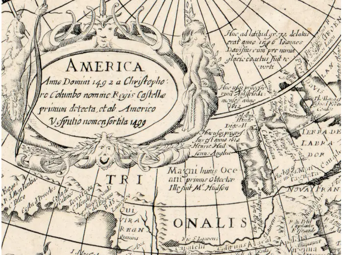America cartouche on the Hondius world map, 1655