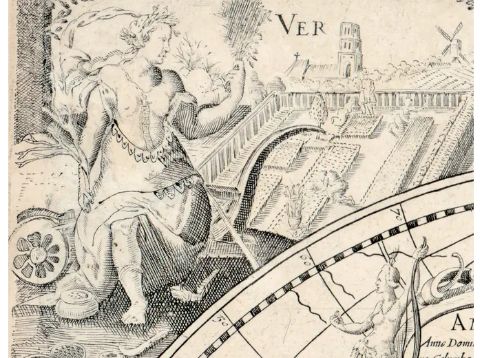 Allegory of spring, VER, on the Hondius world map, 1655