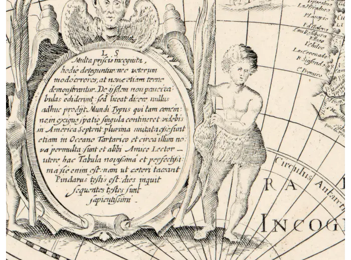 Terra Australis cartouche on the Hondius world map, 1655