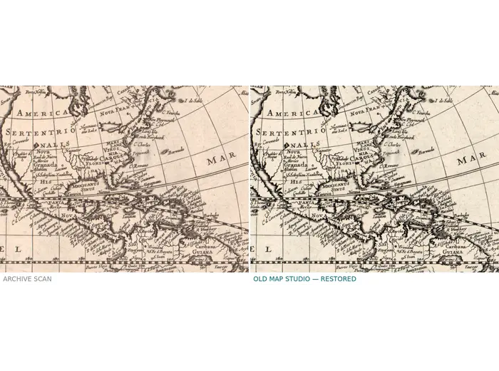 Library scan and restored sheet side by side — Seller world map, 1675