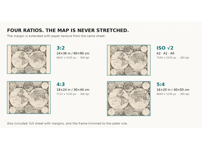 Print sizes at 300 dpi for the Seller world map of 1675
