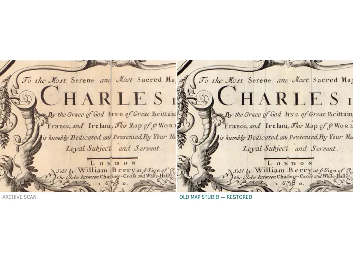 Antique World Map 1680 — Sanson, A Mapp of All the World — before and after restoration