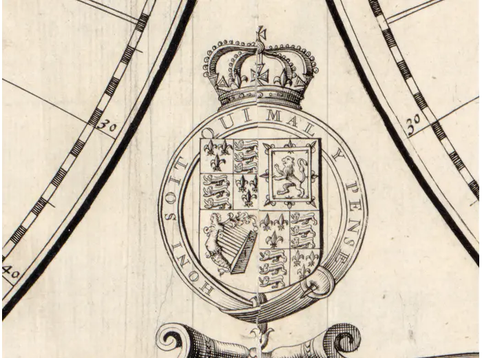 Antique World Map 1680 — Sanson, A Mapp of All the World — detail 1: royal arms crown
