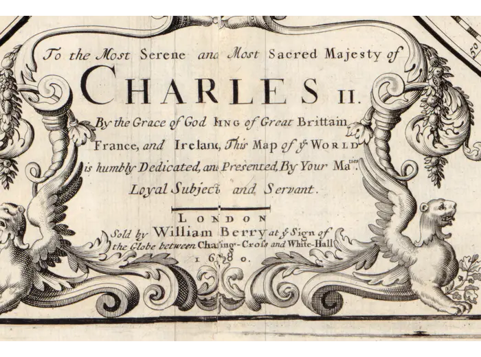 Antique World Map 1680 — Sanson, A Mapp of All the World — detail 3: dedication charles ii