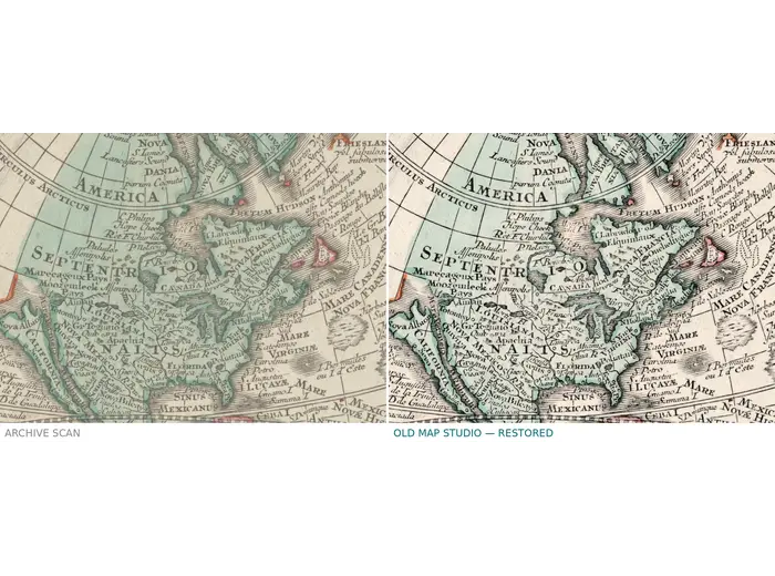 Library scan and restored sheet side by side — Seutter world map, 1740