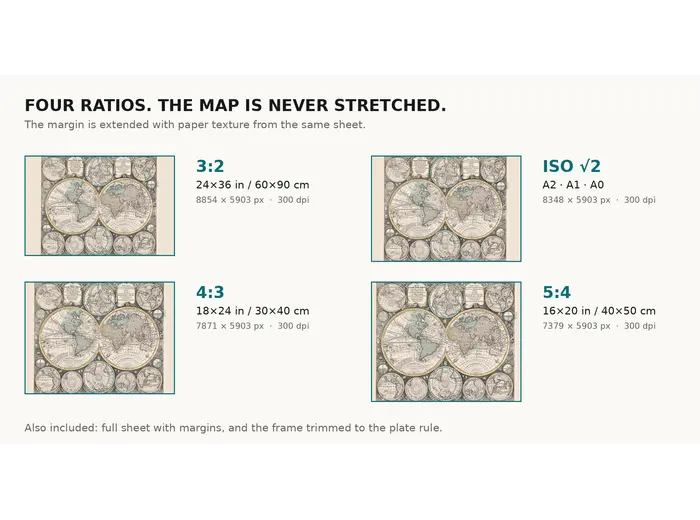 Print sizes at 300 dpi for the Seutter world map of 1740