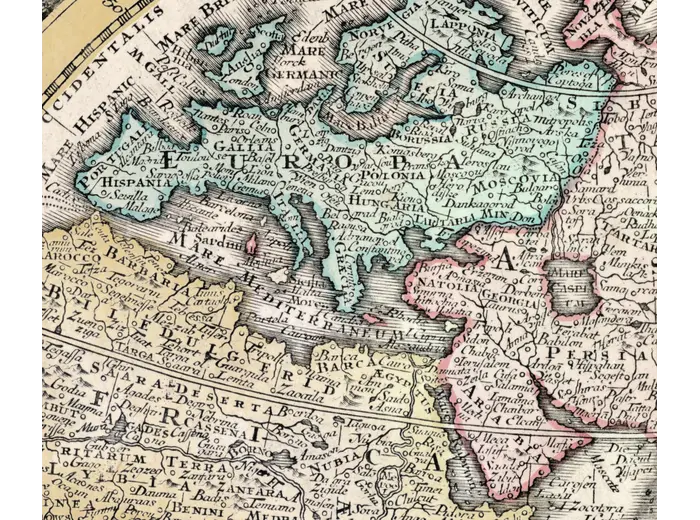Europe and Africa in period hand colour on the Seutter world map, 1740