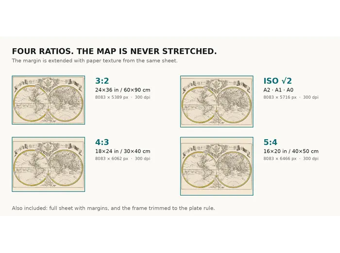 How large the 1750 Saint Petersburg world map prints at 300 dpi