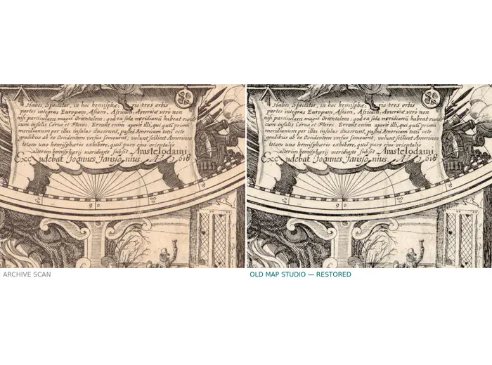 Library scan and restored sheet side by side — Geylekerck world map, 1618