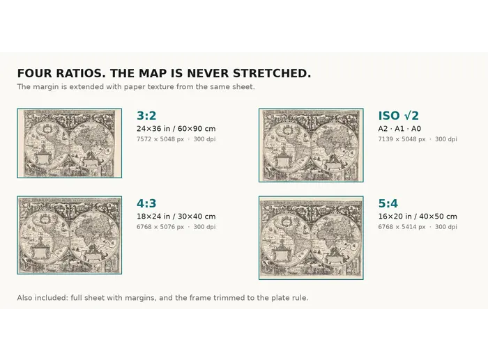 Print sizes at 300 dpi for the Geylekerck world map of 1618