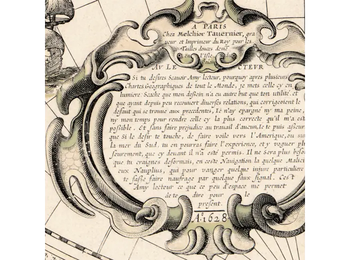 Antique World Map 1628 — Danckerts, Charte Vniuerselle — detail 2: imprint cartouche paris