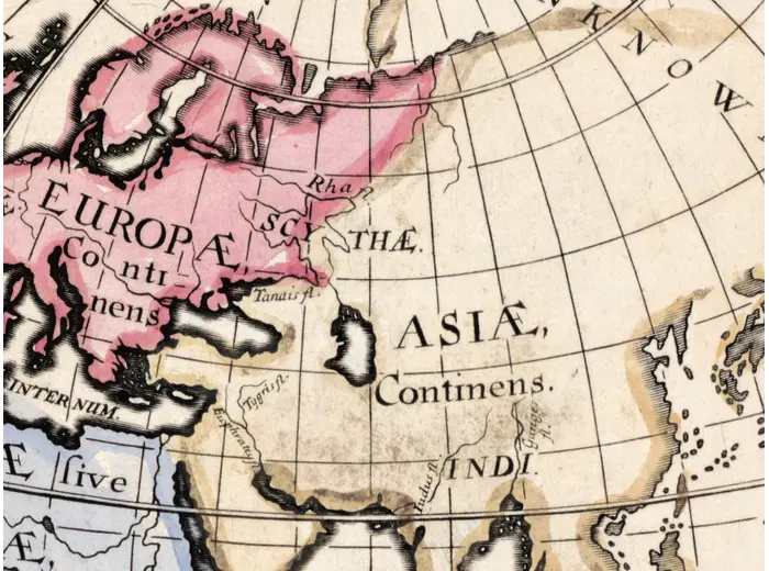 Europe and Asia in hand coloring on the Wells 1700 sheet