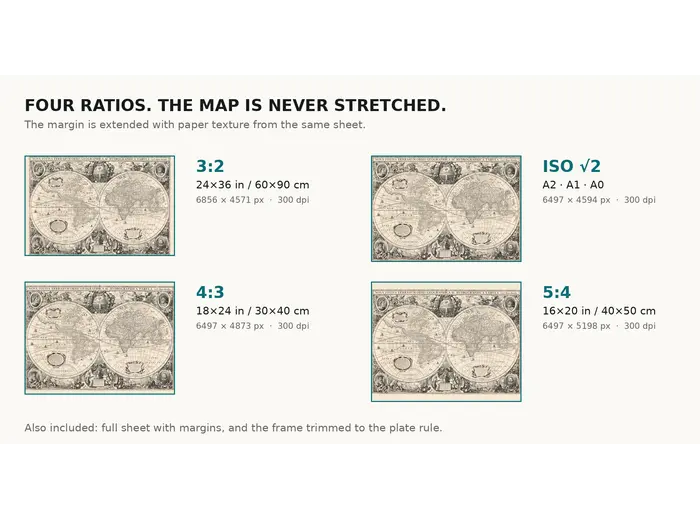 How large the Hondius world map prints at 300 dpi