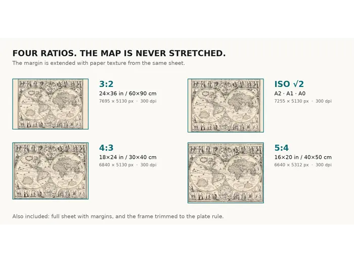 Print sizes of the 1645 Blaeu world map at 300 dpi