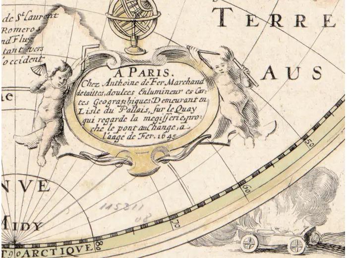 Detail at 1:1: the Paris imprint cartouche of Antoine de Fer