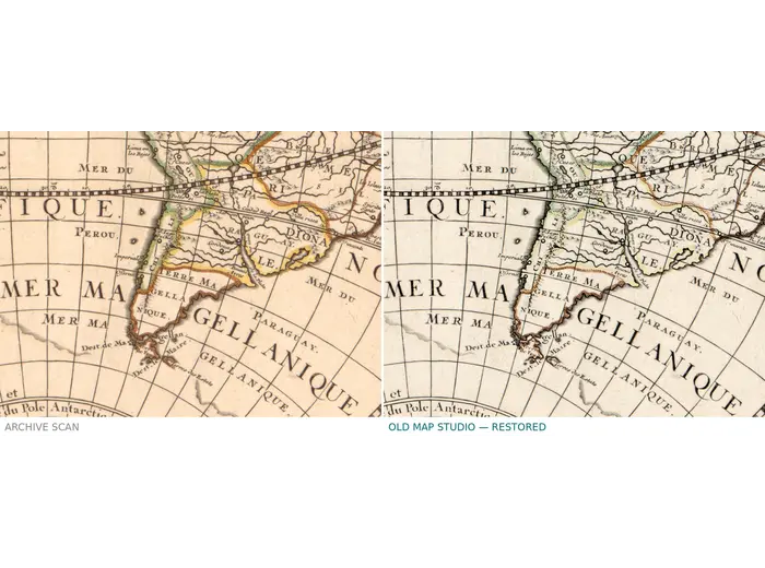 Library scan and restored sheet side by side — Sanson world map, 1651