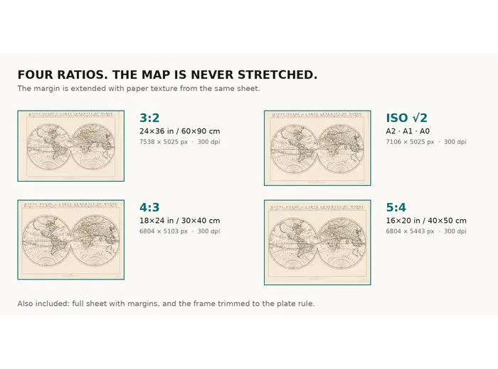 Print sizes at 300 dpi for the Sanson world map of 1651