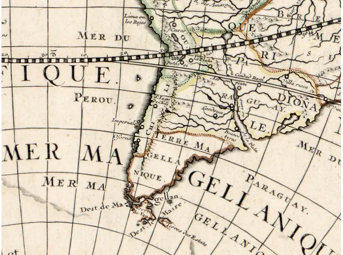 South America in hand colour on the Sanson world map, 1651